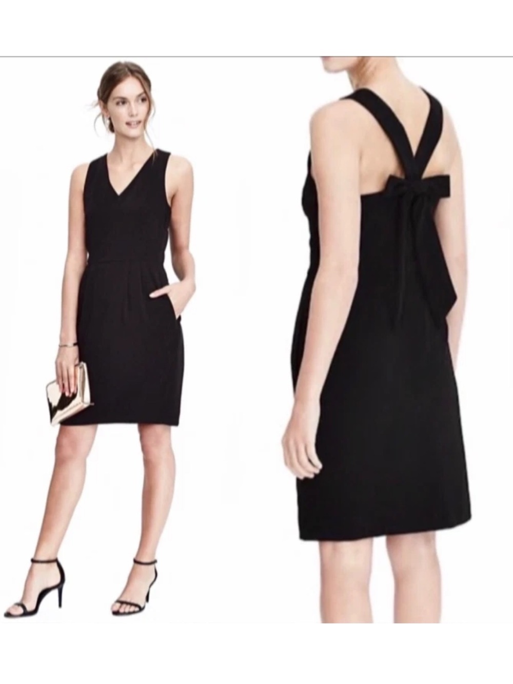 Banana Republic Black V-Neck Sleeveless Dress with Back Bow